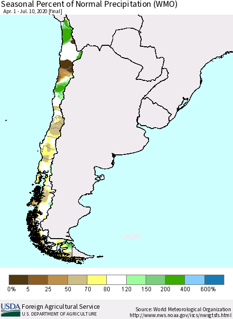 Chile Seasonal Percent of Normal Precipitation (WMO) Thematic Map For 4/1/2020 - 7/10/2020