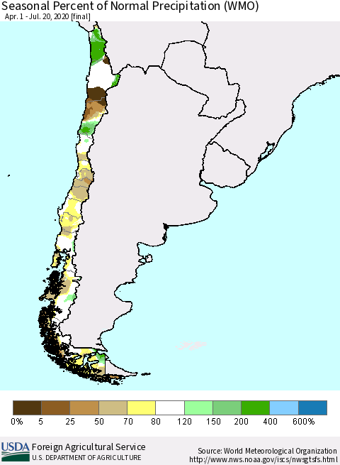Chile Seasonal Percent of Normal Precipitation (WMO) Thematic Map For 4/1/2020 - 7/20/2020