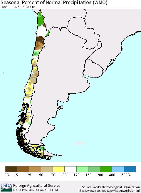 Chile Seasonal Percent of Normal Precipitation (WMO) Thematic Map For 4/1/2020 - 7/31/2020