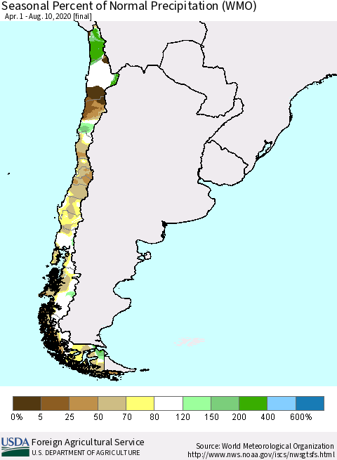 Chile Seasonal Percent of Normal Precipitation (WMO) Thematic Map For 4/1/2020 - 8/10/2020
