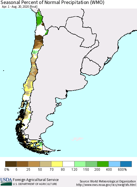 Chile Seasonal Percent of Normal Precipitation (WMO) Thematic Map For 4/1/2020 - 8/20/2020