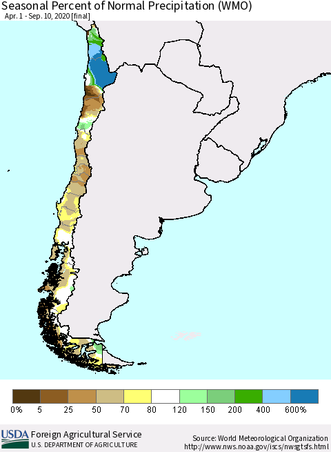 Chile Seasonal Percent of Normal Precipitation (WMO) Thematic Map For 4/1/2020 - 9/10/2020