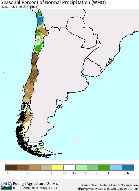 Chile Seasonal Percent of Normal Precipitation (WMO) Thematic Map For 9/1/2020 - 1/10/2021