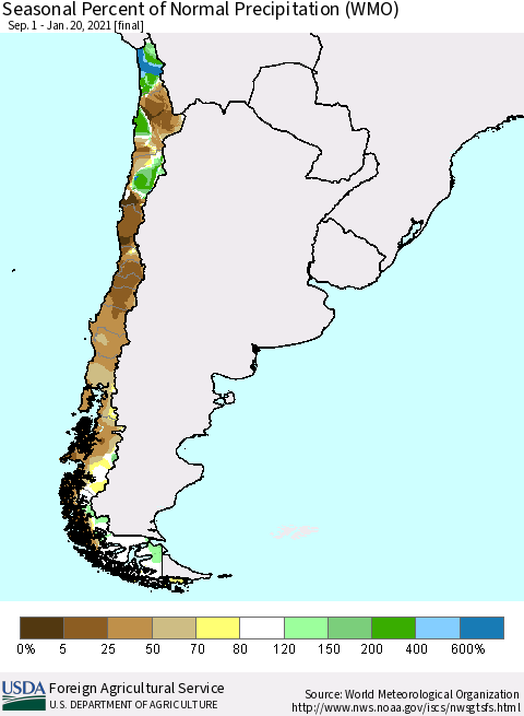 Chile Seasonal Percent of Normal Precipitation (WMO) Thematic Map For 9/1/2020 - 1/20/2021