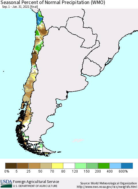 Chile Seasonal Percent of Normal Precipitation (WMO) Thematic Map For 9/1/2020 - 1/31/2021