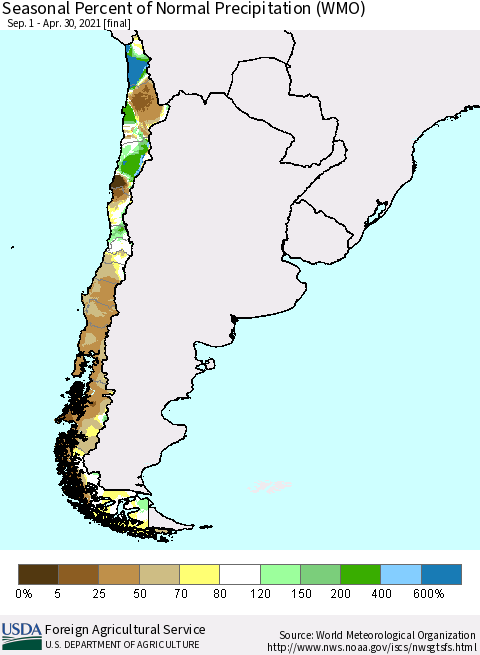 Chile Seasonal Percent of Normal Precipitation (WMO) Thematic Map For 9/1/2020 - 4/30/2021