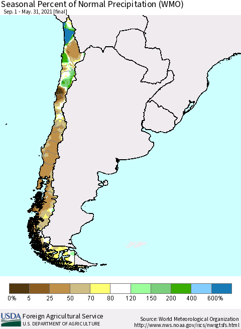 Chile Seasonal Percent of Normal Precipitation (WMO) Thematic Map For 9/1/2020 - 5/31/2021