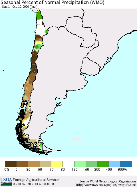 Chile Seasonal Percent of Normal Precipitation (WMO) Thematic Map For 9/1/2020 - 10/10/2020