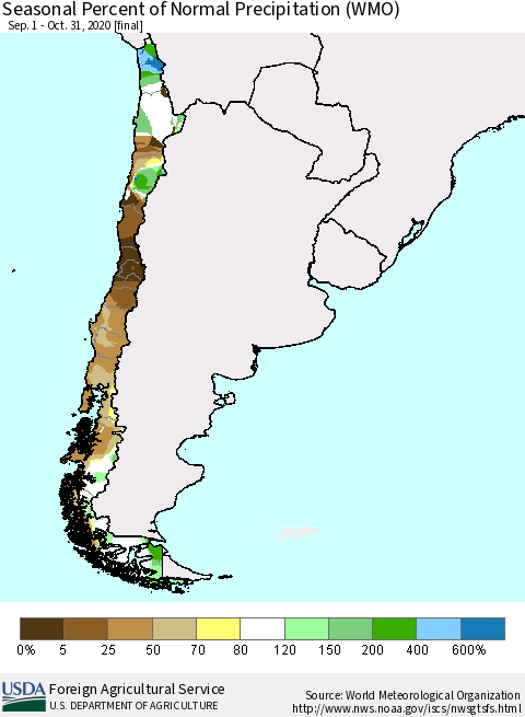 Chile Seasonal Percent of Normal Precipitation (WMO) Thematic Map For 9/1/2020 - 10/31/2020