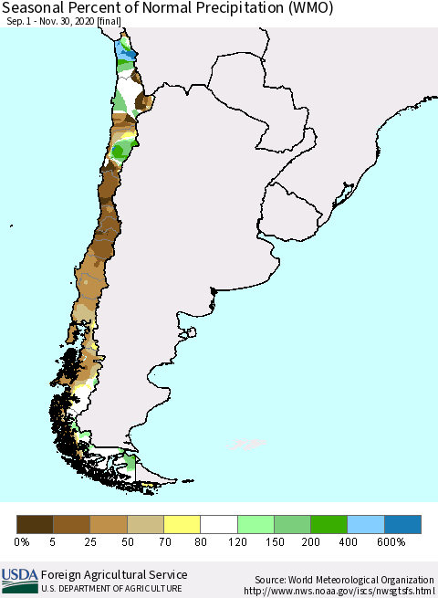 Chile Seasonal Percent of Normal Precipitation (WMO) Thematic Map For 9/1/2020 - 11/30/2020