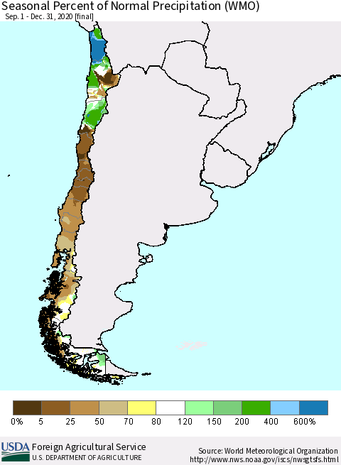 Chile Seasonal Percent of Normal Precipitation (WMO) Thematic Map For 9/1/2020 - 12/31/2020