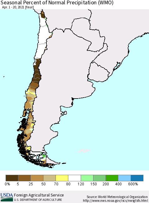 Chile Seasonal Percent of Normal Precipitation (WMO) Thematic Map For 4/1/2021 - 4/20/2021