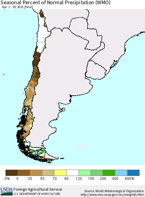 Chile Seasonal Percent of Normal Precipitation (WMO) Thematic Map For 4/1/2021 - 4/30/2021