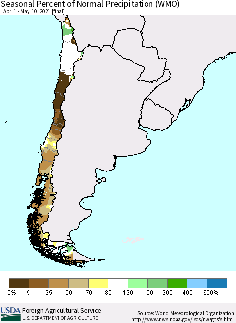 Chile Seasonal Percent of Normal Precipitation (WMO) Thematic Map For 4/1/2021 - 5/10/2021