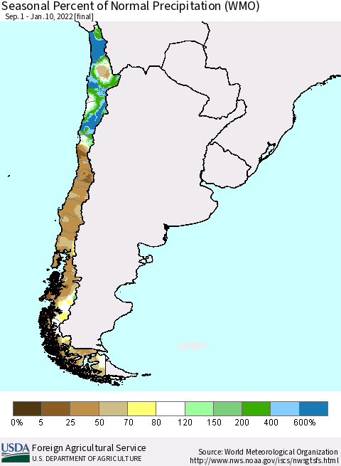 Chile Seasonal Percent of Normal Precipitation (WMO) Thematic Map For 9/1/2021 - 1/10/2022