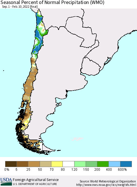 Chile Seasonal Percent of Normal Precipitation (WMO) Thematic Map For 9/1/2021 - 2/10/2022
