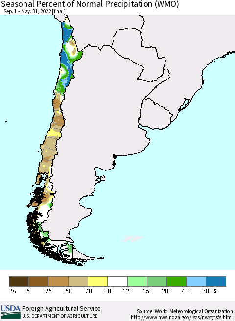 Chile Seasonal Percent of Normal Precipitation (WMO) Thematic Map For 9/1/2021 - 5/31/2022