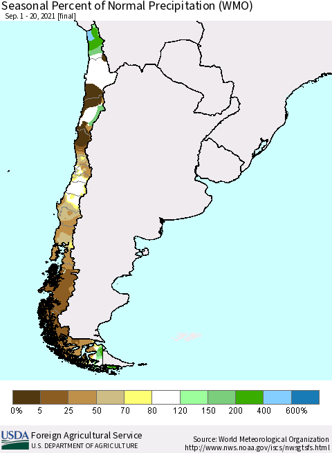 Chile Seasonal Percent of Normal Precipitation (WMO) Thematic Map For 9/1/2021 - 9/20/2021