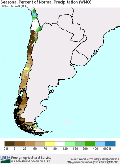 Chile Seasonal Percent of Normal Precipitation (WMO) Thematic Map For 9/1/2021 - 9/30/2021