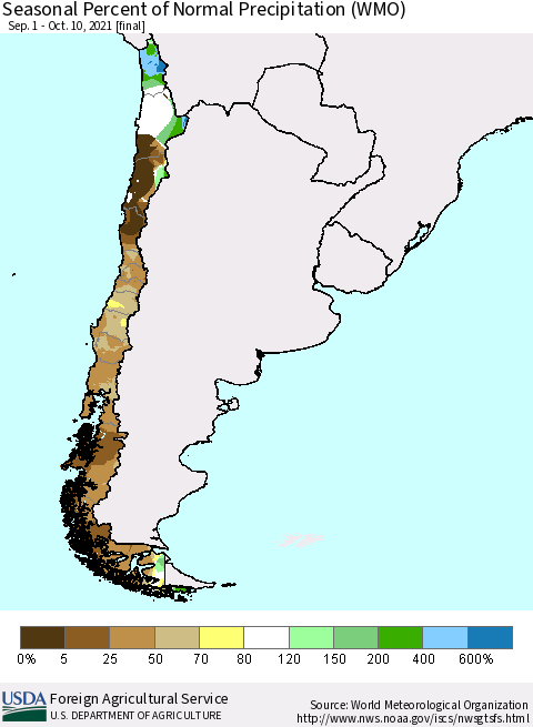 Chile Seasonal Percent of Normal Precipitation (WMO) Thematic Map For 9/1/2021 - 10/10/2021
