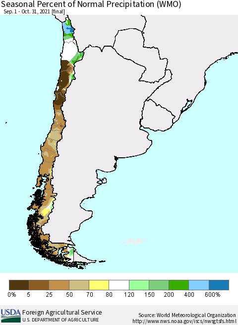Chile Seasonal Percent of Normal Precipitation (WMO) Thematic Map For 9/1/2021 - 10/31/2021