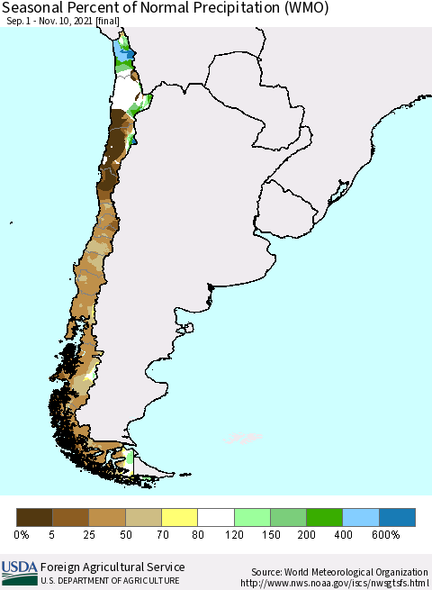 Chile Seasonal Percent of Normal Precipitation (WMO) Thematic Map For 9/1/2021 - 11/10/2021