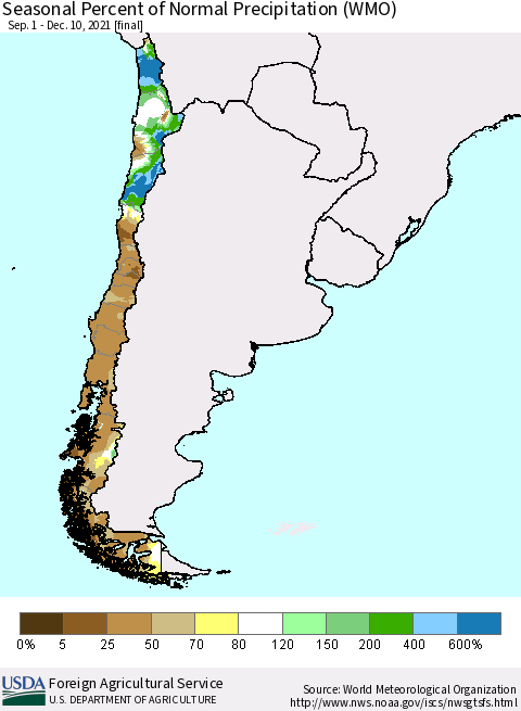 Chile Seasonal Percent of Normal Precipitation (WMO) Thematic Map For 9/1/2021 - 12/10/2021