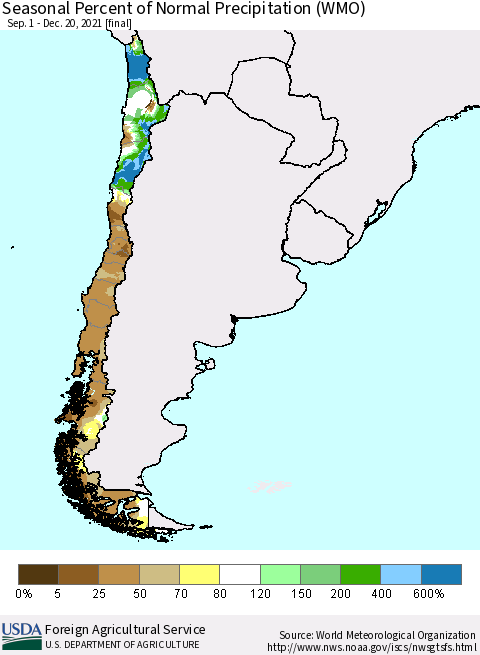 Chile Seasonal Percent of Normal Precipitation (WMO) Thematic Map For 9/1/2021 - 12/20/2021