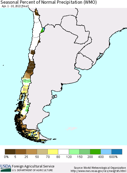 Chile Seasonal Percent of Normal Precipitation (WMO) Thematic Map For 4/1/2022 - 4/10/2022
