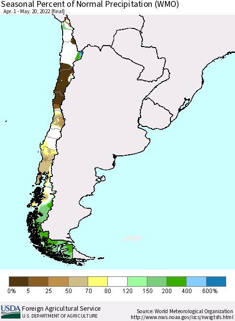 Chile Seasonal Percent of Normal Precipitation (WMO) Thematic Map For 4/1/2022 - 5/20/2022