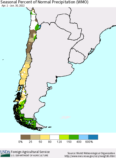 Chile Seasonal Percent of Normal Precipitation (WMO) Thematic Map For 4/1/2022 - 6/30/2022