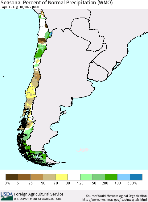 Chile Seasonal Percent of Normal Precipitation (WMO) Thematic Map For 4/1/2022 - 8/10/2022