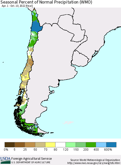 Chile Seasonal Percent of Normal Precipitation (WMO) Thematic Map For 4/1/2022 - 10/10/2022