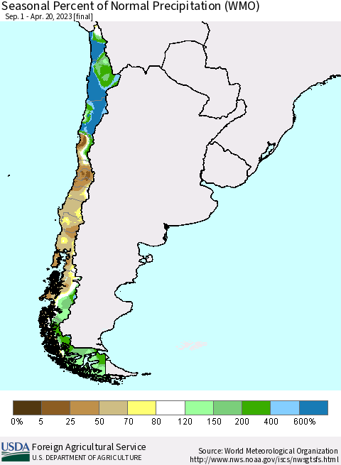 Chile Seasonal Percent of Normal Precipitation (WMO) Thematic Map For 9/1/2022 - 4/20/2023