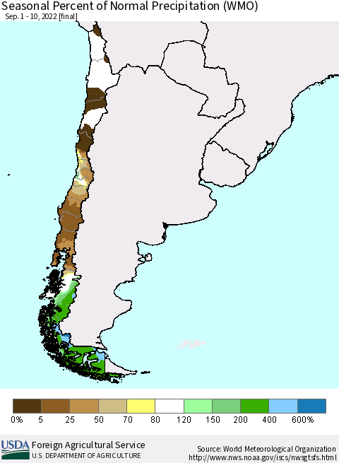 Chile Seasonal Percent of Normal Precipitation (WMO) Thematic Map For 9/1/2022 - 9/10/2022