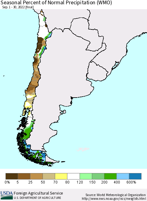 Chile Seasonal Percent of Normal Precipitation (WMO) Thematic Map For 9/1/2022 - 9/30/2022