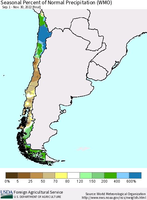 Chile Seasonal Percent of Normal Precipitation (WMO) Thematic Map For 9/1/2022 - 11/30/2022