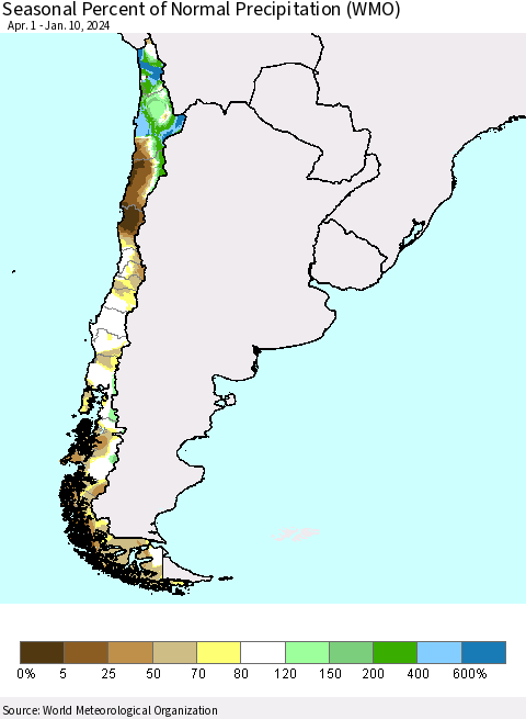 Chile Seasonal Percent of Normal Precipitation (WMO) Thematic Map For 4/1/2023 - 1/10/2024