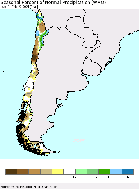 Chile Seasonal Percent of Normal Precipitation (WMO) Thematic Map For 4/1/2023 - 2/20/2024