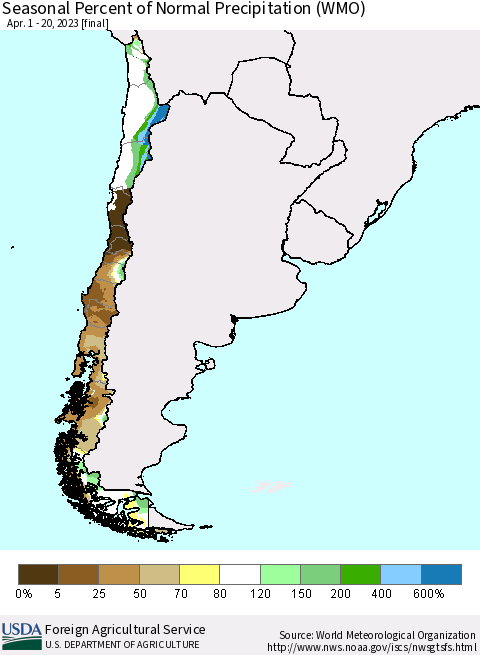 Chile Seasonal Percent of Normal Precipitation (WMO) Thematic Map For 4/1/2023 - 4/20/2023
