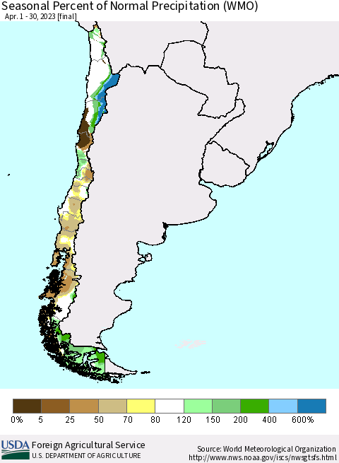 Chile Seasonal Percent of Normal Precipitation (WMO) Thematic Map For 4/1/2023 - 4/30/2023