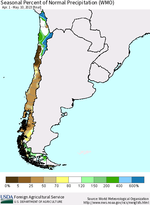 Chile Seasonal Percent of Normal Precipitation (WMO) Thematic Map For 4/1/2023 - 5/10/2023