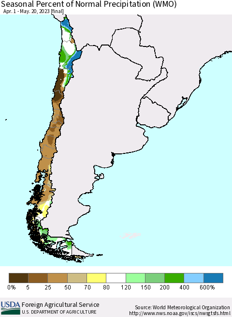 Chile Seasonal Percent of Normal Precipitation (WMO) Thematic Map For 4/1/2023 - 5/20/2023