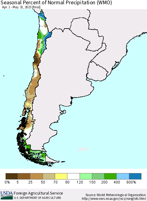 Chile Seasonal Percent of Normal Precipitation (WMO) Thematic Map For 4/1/2023 - 5/31/2023