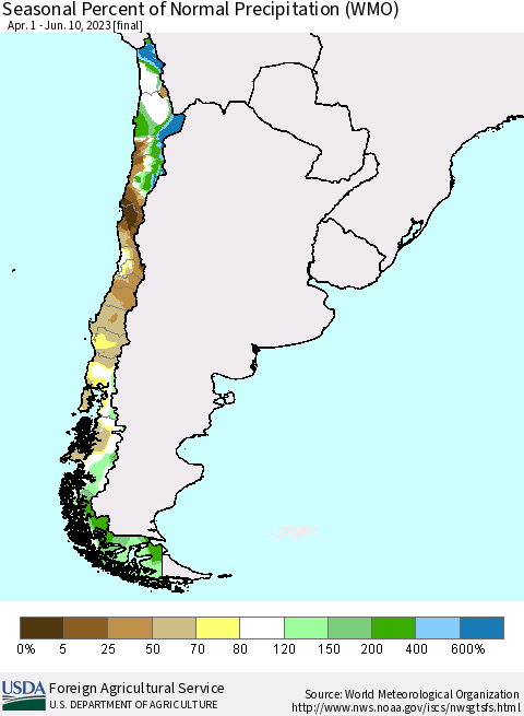 Chile Seasonal Percent of Normal Precipitation (WMO) Thematic Map For 4/1/2023 - 6/10/2023