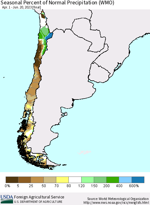 Chile Seasonal Percent of Normal Precipitation (WMO) Thematic Map For 4/1/2023 - 6/20/2023
