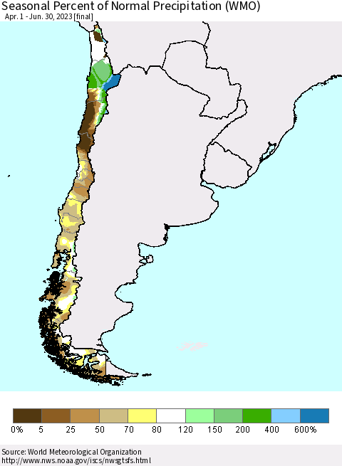 Chile Seasonal Percent of Normal Precipitation (WMO) Thematic Map For 4/1/2023 - 6/30/2023