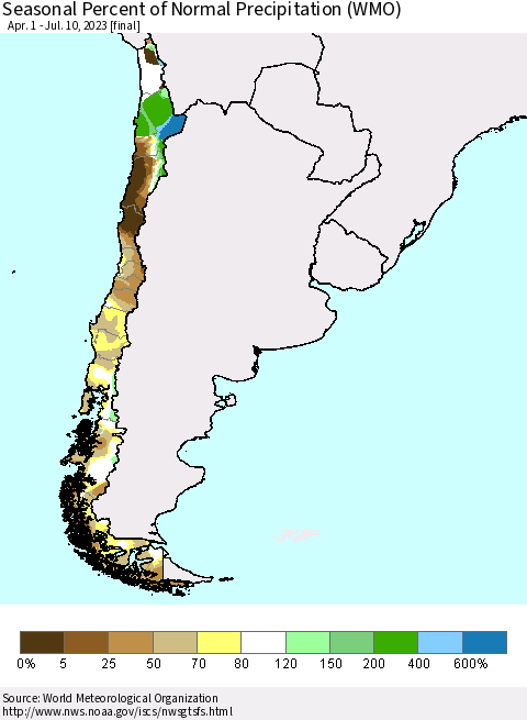 Chile Seasonal Percent of Normal Precipitation (WMO) Thematic Map For 4/1/2023 - 7/10/2023