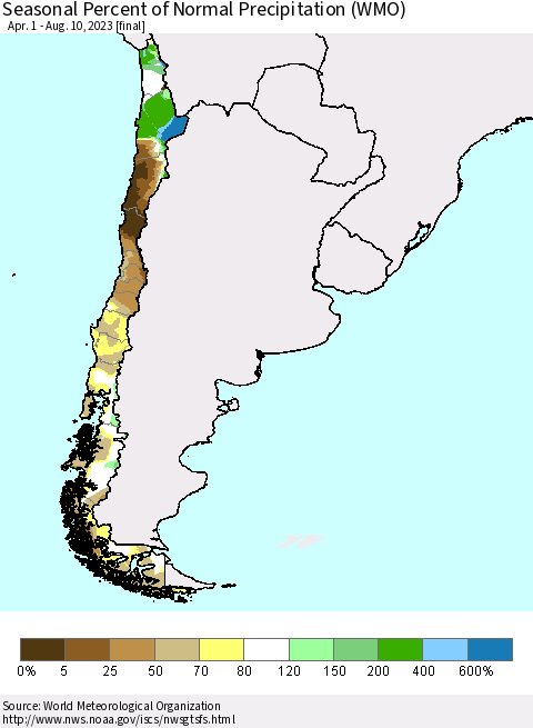 Chile Seasonal Percent of Normal Precipitation (WMO) Thematic Map For 4/1/2023 - 8/10/2023
