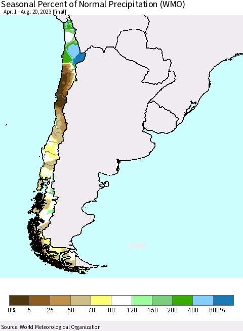 Chile Seasonal Percent of Normal Precipitation (WMO) Thematic Map For 4/1/2023 - 8/20/2023